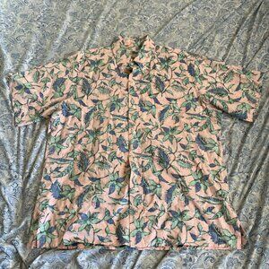 Reyn Spooner Shirt Mens Green Pink Floral All Over Print Reverse Print